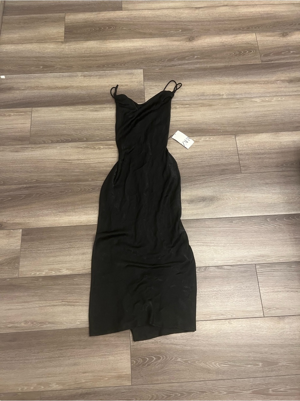 Zara Black Slip Midi Dress with Double Spaghetti Straps